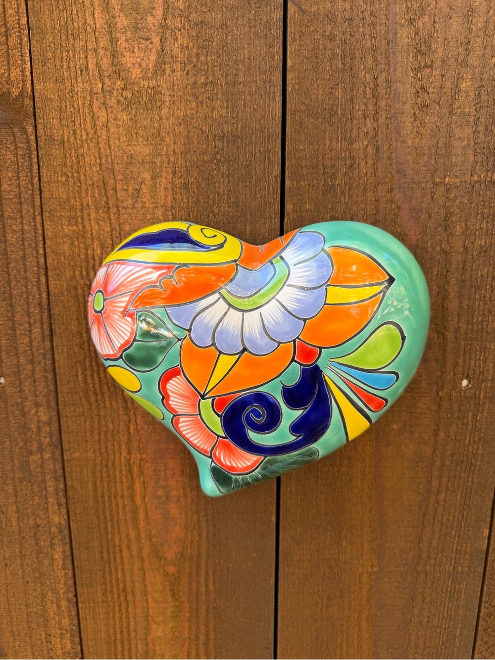Hand-Painted Talavera Heart Wall Art in Teal and Multicolor